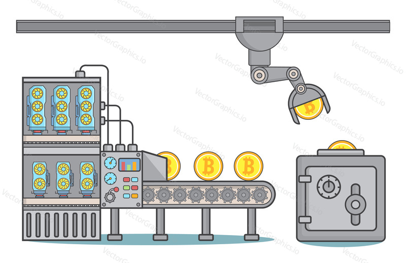 Bitcoin factory concept vector illustration. Thin line flat style design element for web banners and printed materials.