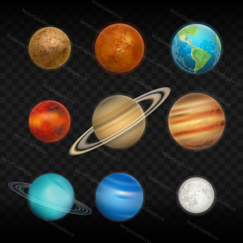 Vector transparent realistic set of solar system planets.