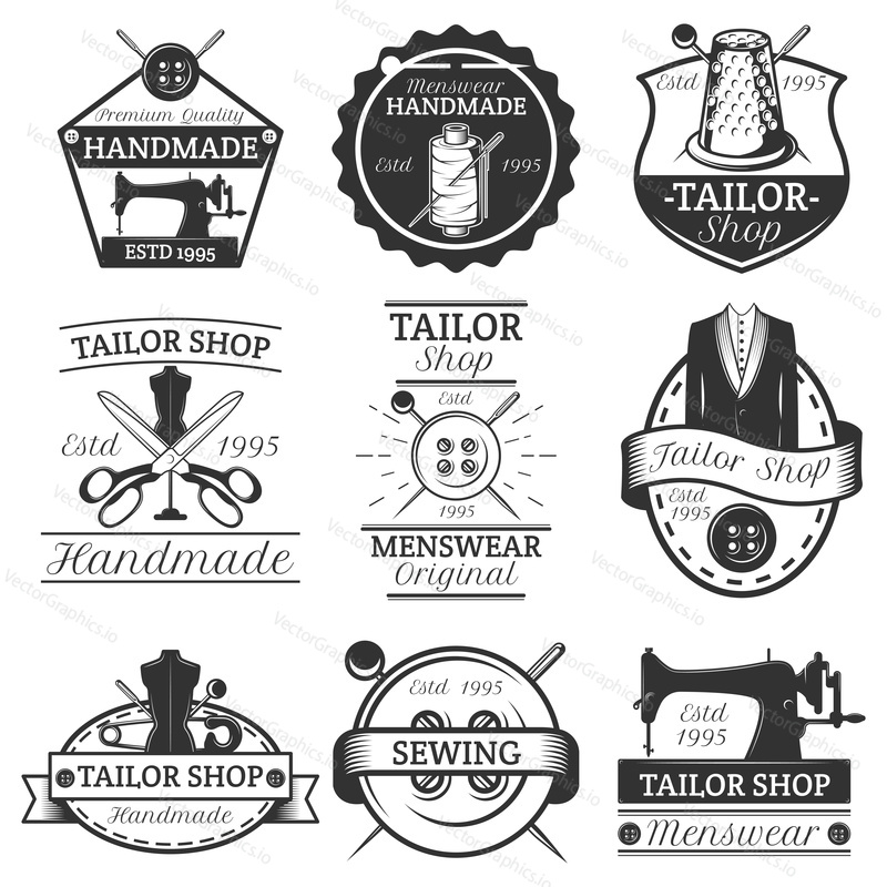 Vector set of vintage tailor logos, emblems, badges, labels isolated on white background. Typography design for sewing business advertising.
