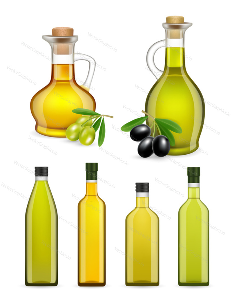 Vector set of realistic glass olive oil bottles and jars isolated on white background. Olive oil packaging templates. Olive oil product ad.