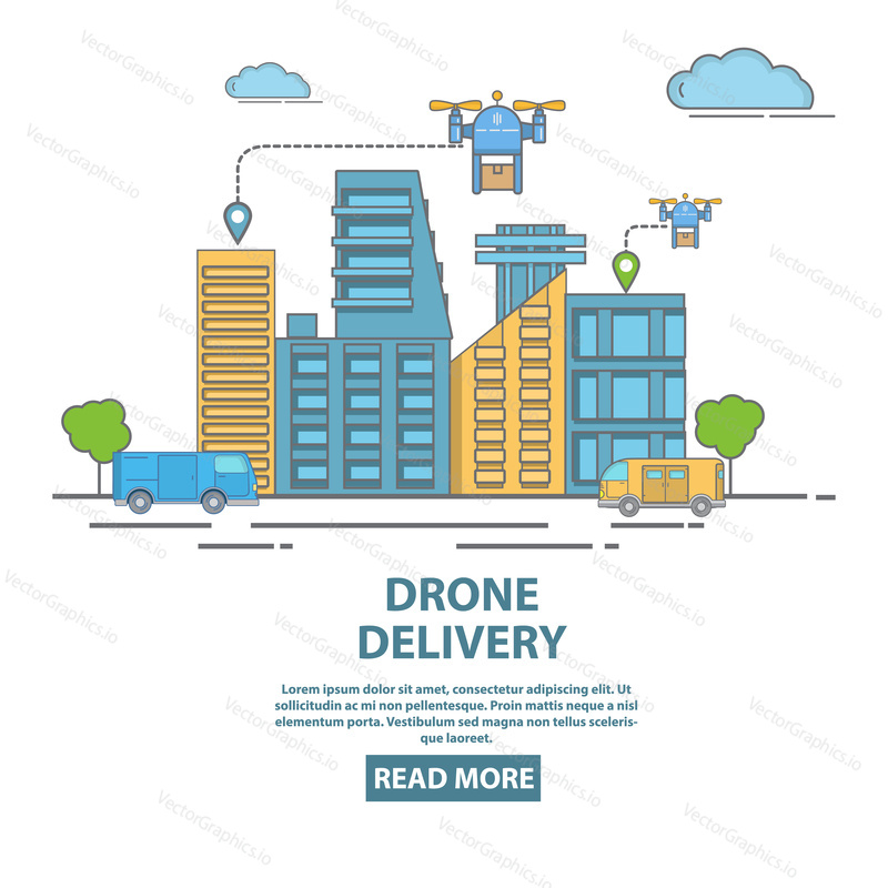 City drone delivery concept vector illustration. Quadcopters transporting packages, food or other goods. Flat linear style design poster, flyer for drone delivery company.