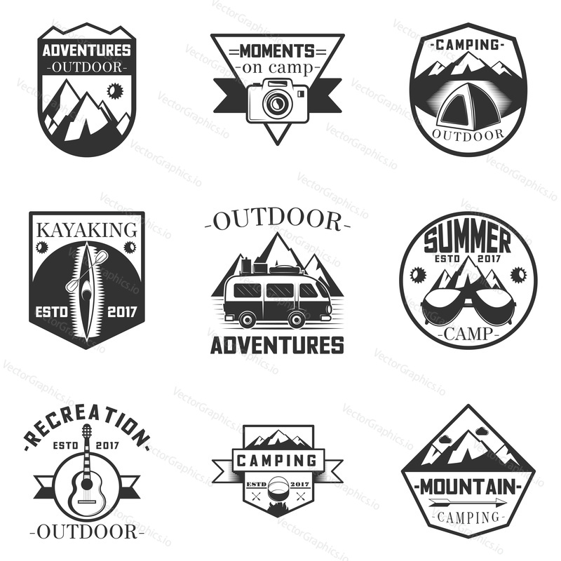 Vector set of outdoor activity, camping and expedition labels in vintage style. Design elements, icons, logo, emblems and badges isolated on white background. Camp outdoor adventure illustration.