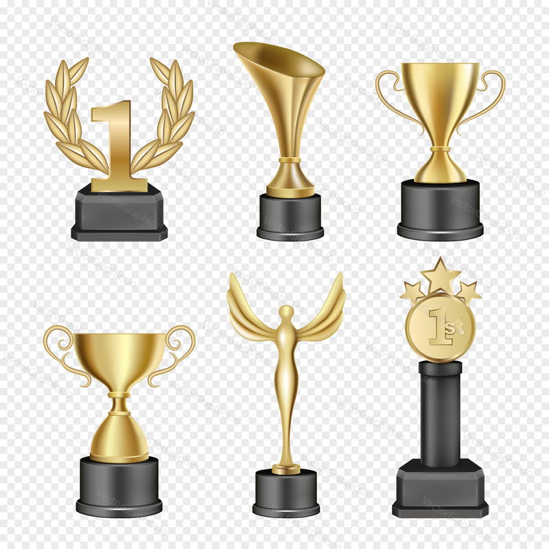 Vector set of metal award cups. Realistic gold trophy cup icons. Sports and corporative awards.