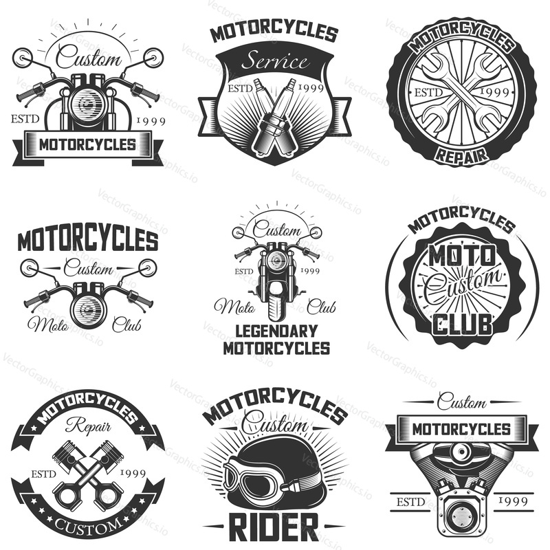 Vector set of vintage motorcycle logos, emblems, badges, symbols, icons isolated on white background. Typography design for motorcycle service, moto club and print.