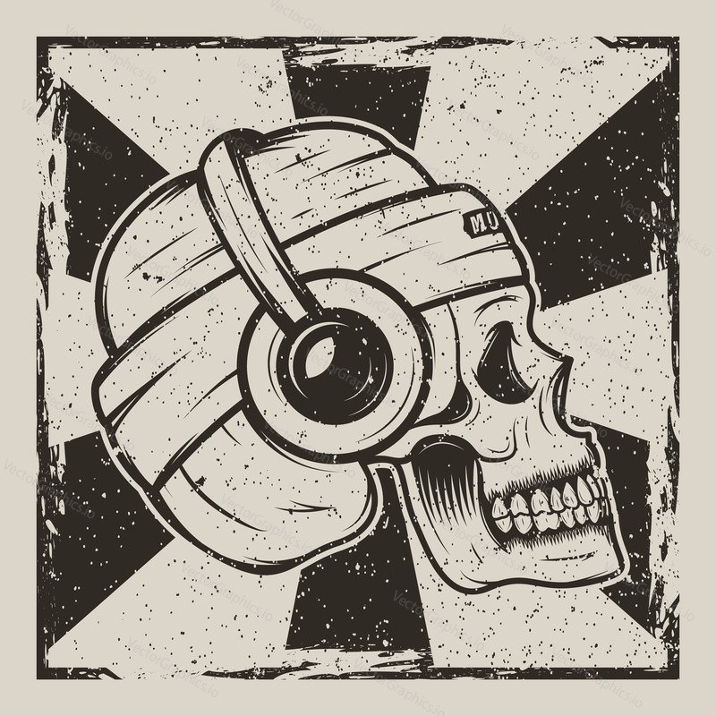 Vector illustration of human skull in hat and with headphones listening to music. Skull music side view vintage grunge design for t-shirt or print.