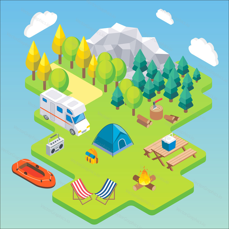 Camping isometric concept. Vector illustration in flat 3d style. Outdoor camp activity. Travel by camper in mountains.