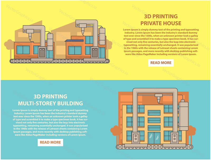 Construction 3D printing vector horizontal banner set. 3d printing private house and multi-storey building flat linear style design elements, web templates.