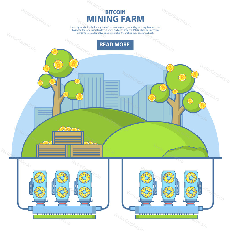 Bitcoin mining farm concept vector illustration. Digital currency or cryptocurrency mining farm. Thin line flat style design template for web banners and printed materials.
