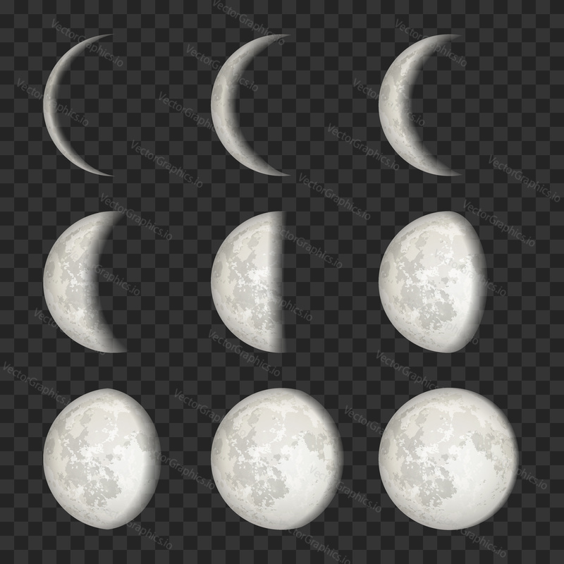 Vector lunar phase icon set. The whole cycle from new Moon to full Moon on transparent background.