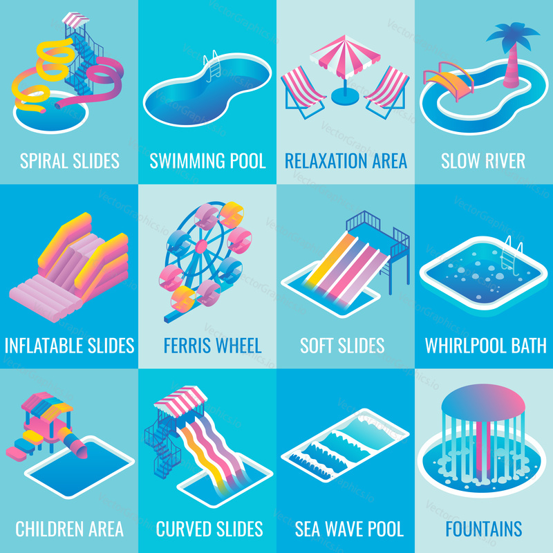 Water park attractions vector icon set with different types of slides, swimming pools, ferris wheel, whirlpool bath, fountains, relaxation and children areas. Aqua park flat isometric design elements.