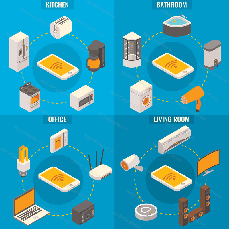 Vector set of smart home rooms concept posters. Kitchen, Bathroom, Office and Living room flat 3d isometric templates.