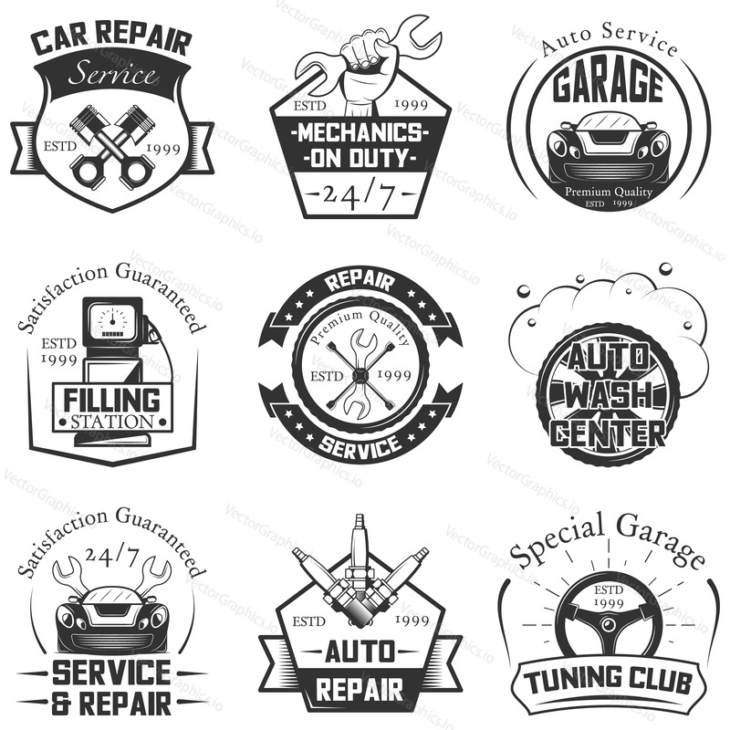 Vector set of vintage car service logos, emblems, badges, symbols, icons isolated on white background. Typography design for auto repair, car wash, filling station business and print.
