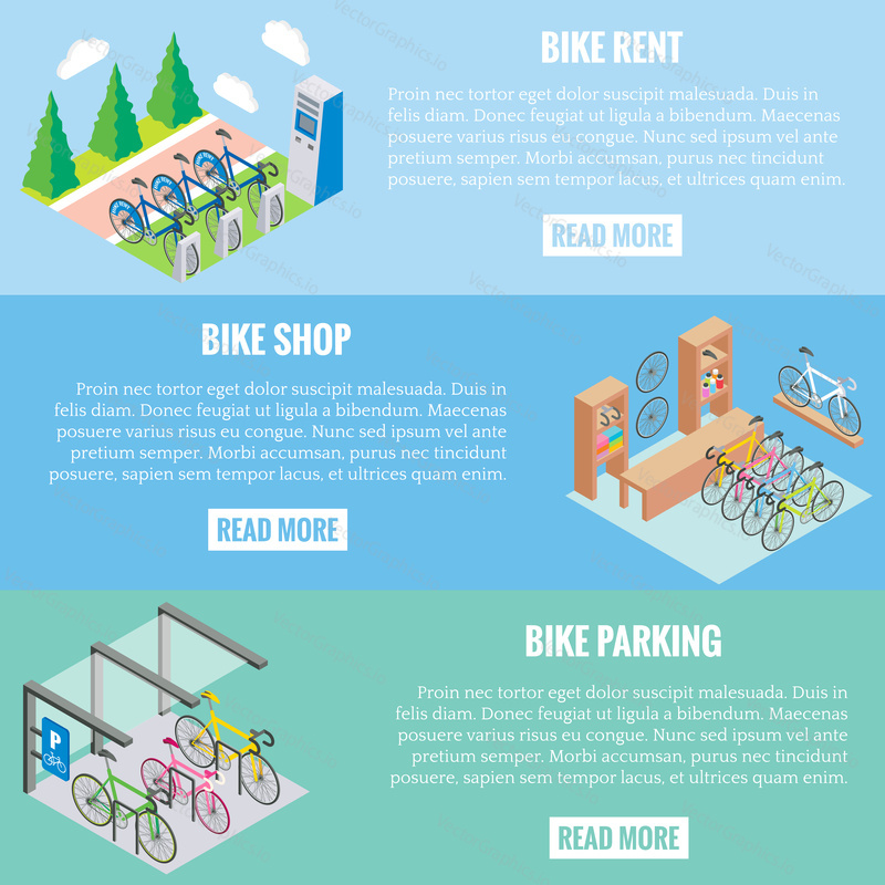 City bike concept vector banners in isometric style. Illustration in flat 3d design. Bicycle parking, repair shop and bike for rent. Web banners template layout.