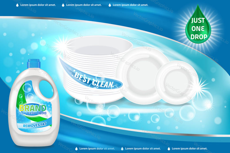 Dishwashing liquid products ad. Vector 3d illustration. Bottle template design. Dish wash brand bottle advertisement poster layout.