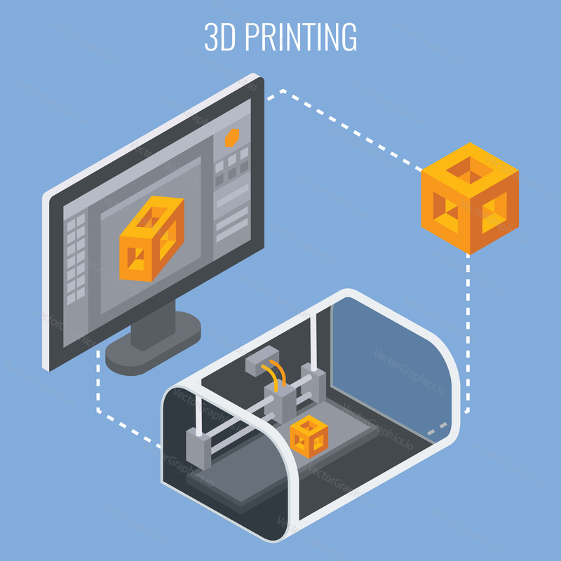 3D printing process concept isometric vector illustration. Technology of manufacturing and prototype. Process of creation of three-dimetional object.