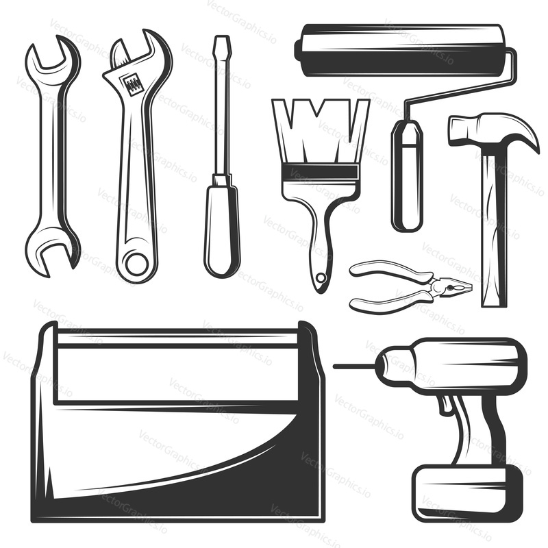 Vector set of vintage hand work tools symbols, icons isolated on white background. Wrench, adjustable spanner, screwdriver, hammer, pliers, paintbrush, roller, drill black templates for logos, print.