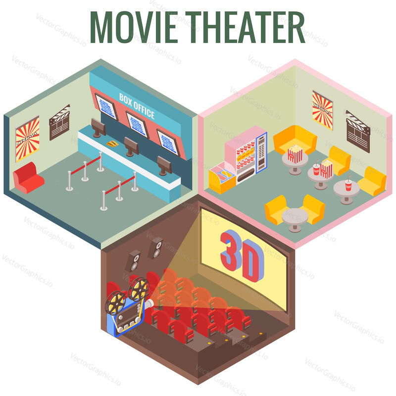 Movie theater in isometric style design. Vector flat 3d icons. Interior of cinema, cafe, ticket office.