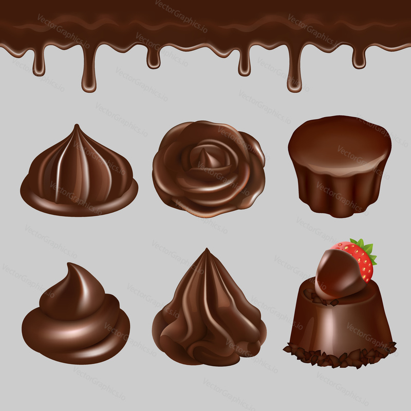 Vector chocolate dessert icon set. Realistic illustration of chocolate whipped cream and molten chocolate.