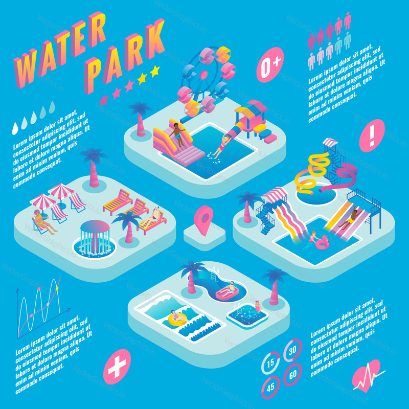 Water park vector isometric infographic with different types of slides, swimming pools, ferris wheel, whirlpool bath, fountains, relaxation and children areas. Aqua park concept infographics.