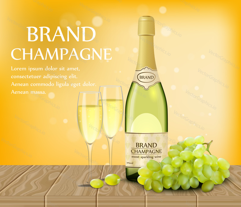 Vector poster template of Wineglass with a realistic bottle of champagne, grapes and two glasses on wood table. Vector 3d illustration.