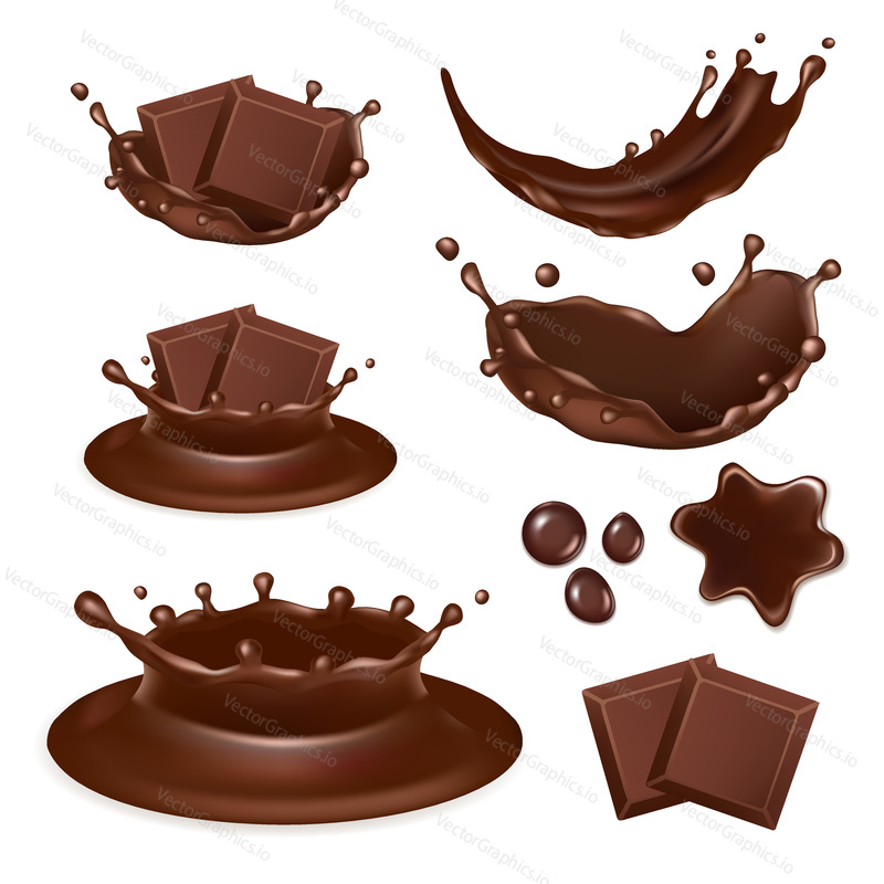 Vector set of chocolate form icons isolated on white background. Tasty pieces of chocolate bar, molten chocolate, liquid chocolate splashes and drops.