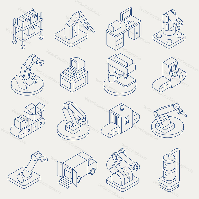 Vector automated production line isometric thin line icon set. Manufacturing equipment with conveyor system, industrial robotic arm for assembly and packaging.