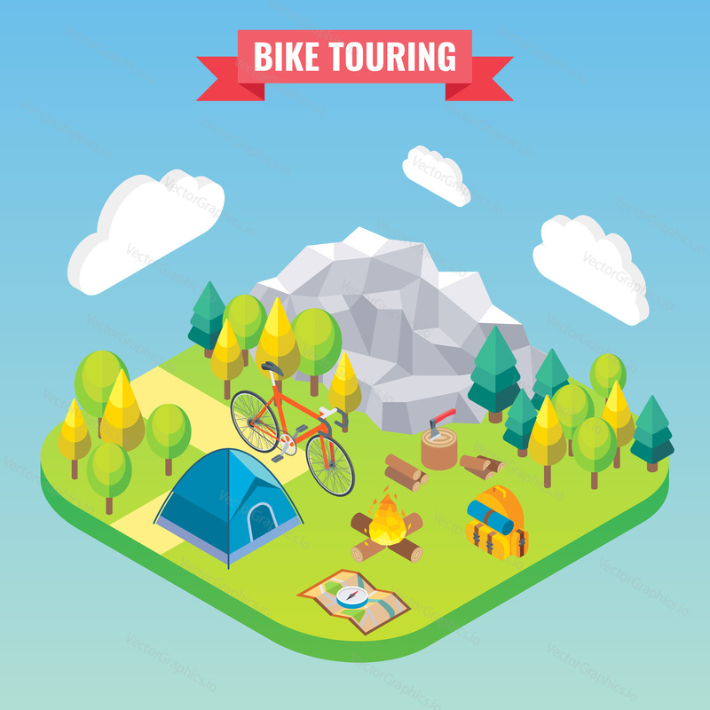 Bike touring isometric concept. Travel and camping vector illustration in flat 3d style. Outdoor camp activity. Travel on bicycle.