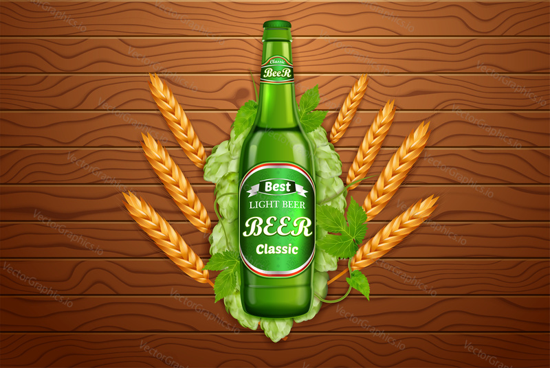 Realistic beer products ad. Vector 3d illustration. Light beer bottle template design. Alcoholic drink brand glass bottle advertisement poster layout.