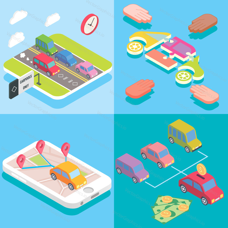 Carpool service concept in isometric style design. Vector flat 3d icons. People sharing cars. Mobile smartphone to share ride and use carpooling HOV lane. Sharing economy and collaborative consumption.