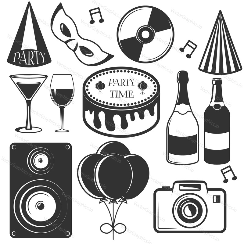 Vector party set of emblems, badges, stickers or banners. Design elements in vintage style. Black icons and logo isolated on white background.