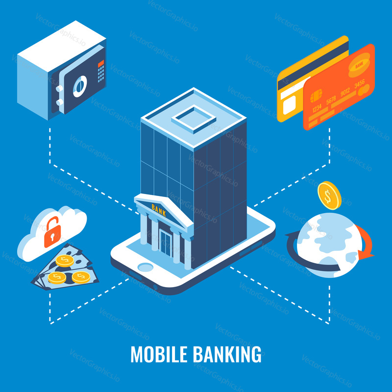 Mobile banking vector flat 3d isometric illustration. Payments with smartphone concept.