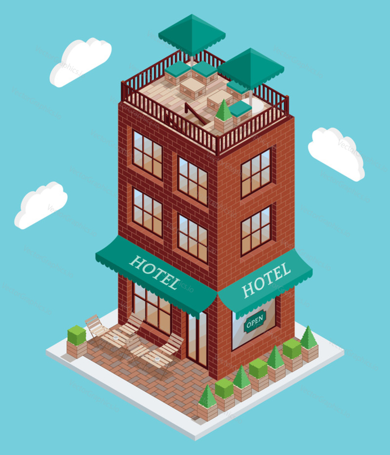 Hotel icon in vector isometric style. Illustration in flat 3d design. Hotel building isolated element. City urban architecture for web and game design. Cafe on a top of the building.