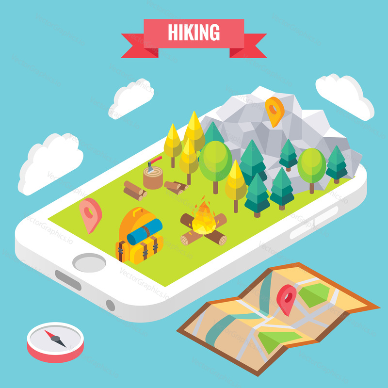 Hiking in a park isometric objects on mobile phone screen. Vector illustration in flat 3d style. Outdoor activity in mountain forest. Stay online everywhere concept illustration.