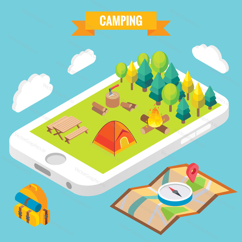 Camping in a park objects on mobile phone screen. Vector illustration in flat 3d style. Outdoor camp activity in a park. Stay online everywhere concept illustration.