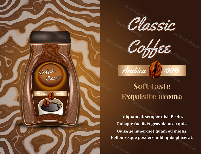 Coffee products ad. Vector 3d illustration. Instant coffee bottle template design. Arabica brand bottle advertisement poster layout.