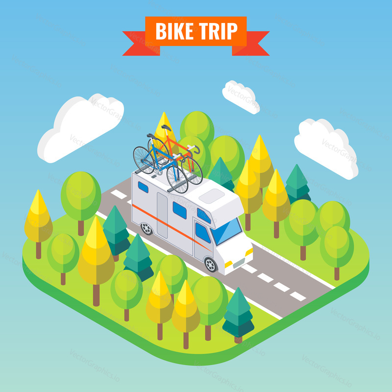 Camper van with bicycle on a roof. Travel and camping isometric vector illustration in flat 3d style. Outdoor camp activity. Travel by caravan car.