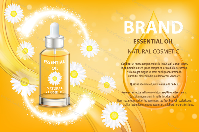 Camomile essential oil cosmetic product ad. Vector 3d illustration. Skin care bottle template design. Face and body natural floral oil.