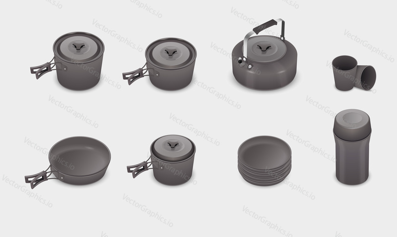 Vector realistic kitchen cookware set with saucepan pots pan kettle thermos cups. Cooking utensils isolated icons.