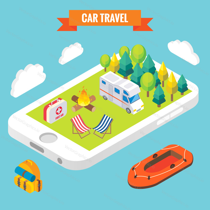 Car travel isometric objects on mobile phone screen. Vector illustration in flat 3d style. Outdoor camp activity in a park. Stay online everywhere concept illustration. Travel on camper.