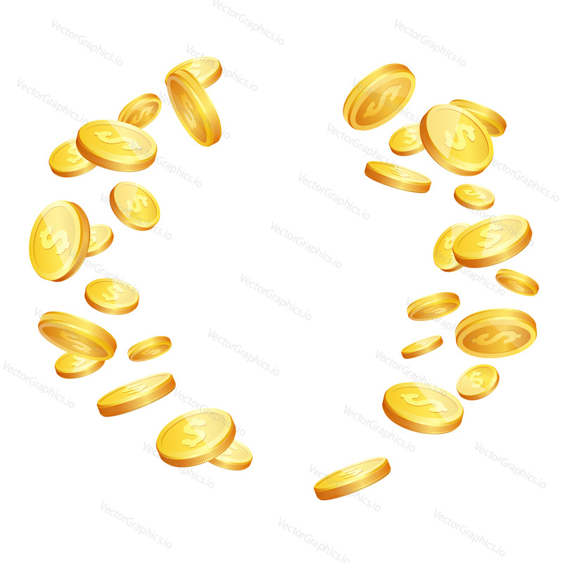 Vector illustration of realistic 3d golden coins with dollar sign. Falling gold coins isolated on white background.