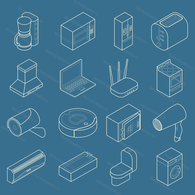 Vector smart home icon set in modern thin line style. Isometric home appliances and computer equipment symbols, design elements.