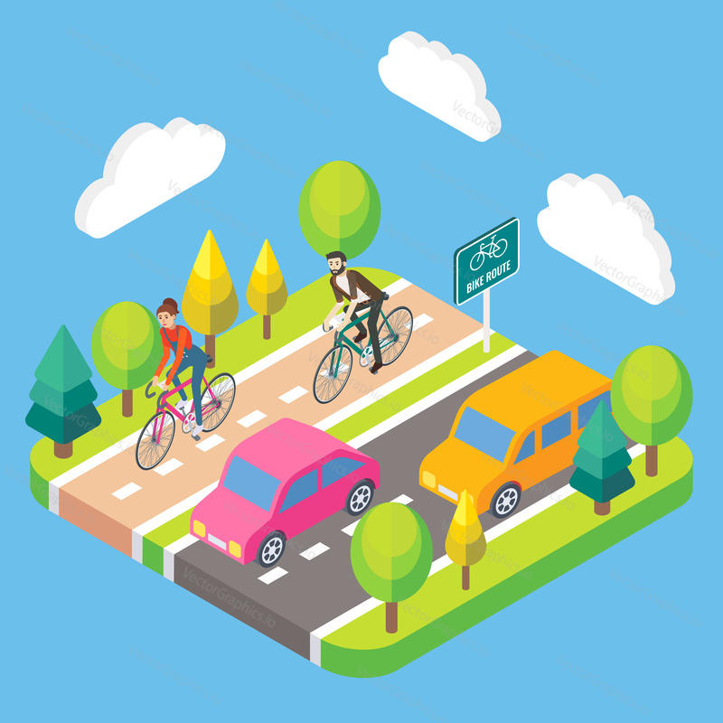 Vector 3d isometric illustration of people riding bicycles on bike lane. Bikers cycling on bike path. Bike route concept design element.
