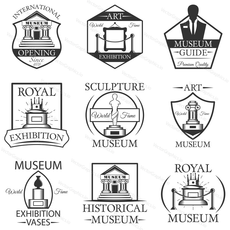 Vector set of museum isolated labels, logo and emblems. Black and white museum symbols and design elements. Art, statue, museum building, ticket.