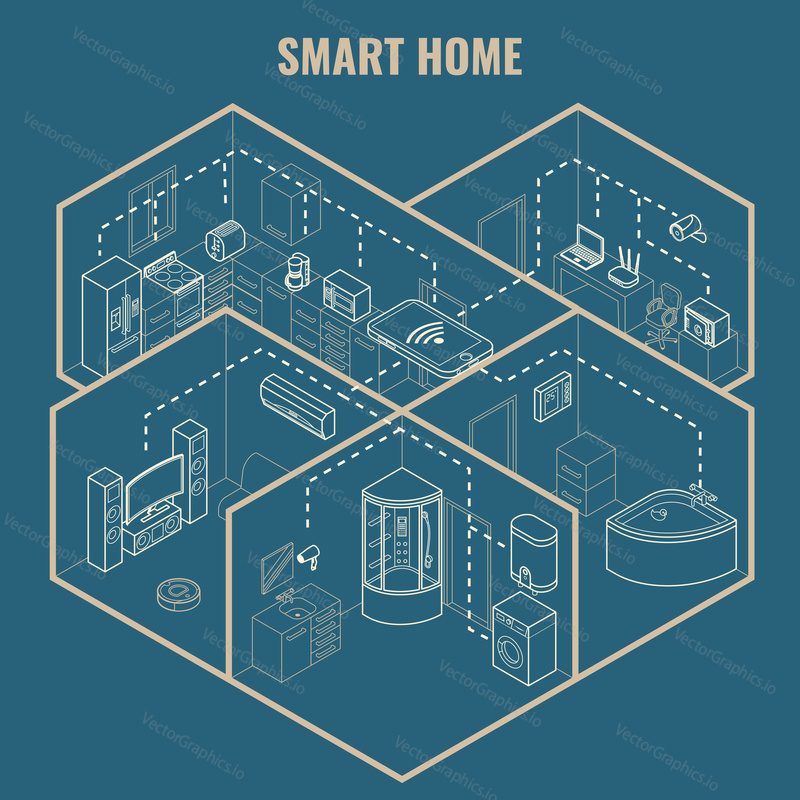 Smart house concept vector 3d isometric blueprint illustration. Cutaway home interior with smart phone controlled household and bathroom appliances.