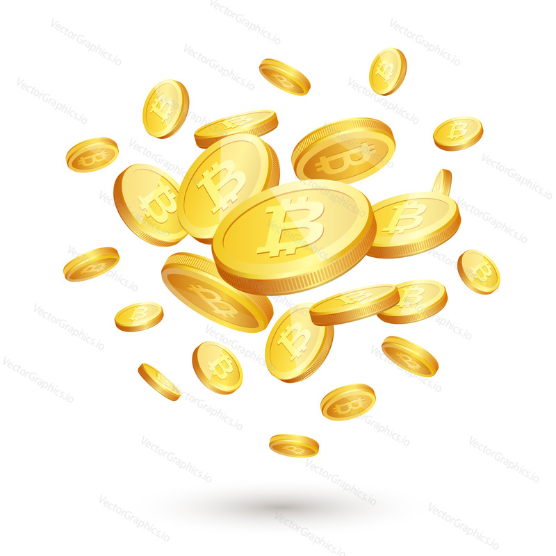 Векторная иллюстрация реалистичных 3d золотых монет со знаком биткоина. Цифровая валюта или криптовалюта для электронных платежей, концепция технологии Биткоин и блокчейн.