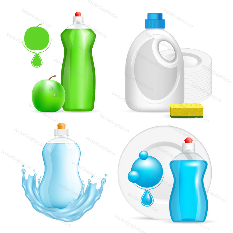 Vector set of realistic dishwashing liquid product icons isolated on white background. Plastic bottle label design. Washing-up liquid or dishwashing soap brand advertising templates.
