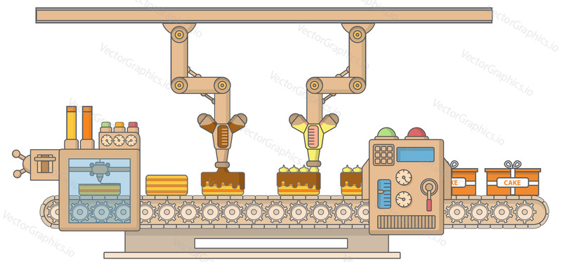 Cake printing machine vector illustration. Robotic cake decorating and packing machine thin linear flat style design element for web banners and printed materials.