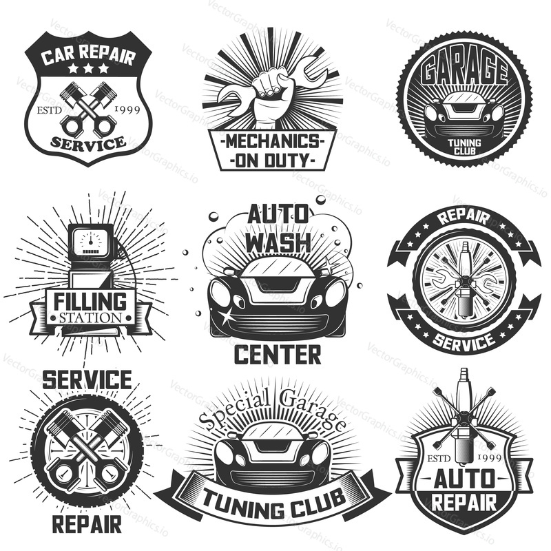 Vector set of vintage car service logos, emblems, badges, symbols, icons isolated on white background. Typography design for auto repair, car wash business and print.