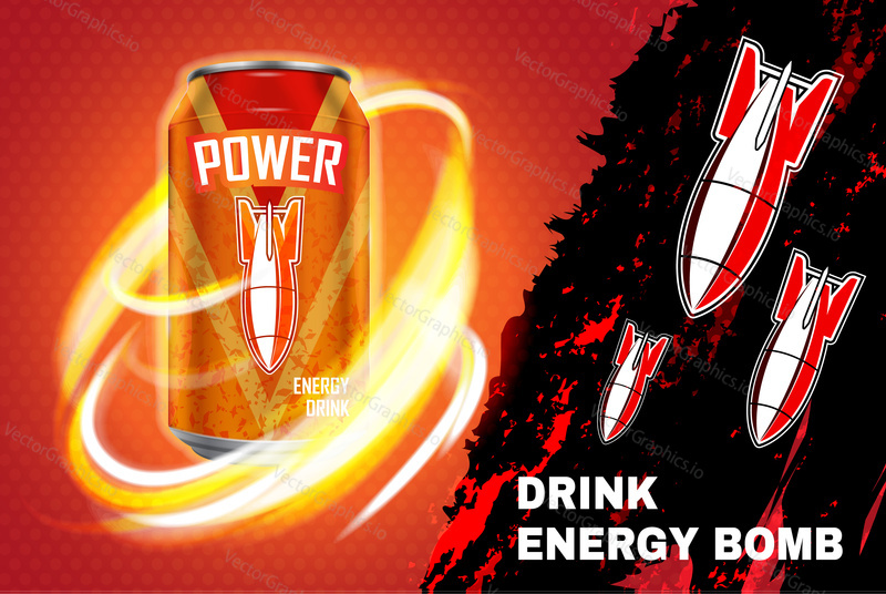 Bomb energy drink ad vector illustration. Energy drink in metal can on red and black background with flame and rockets.