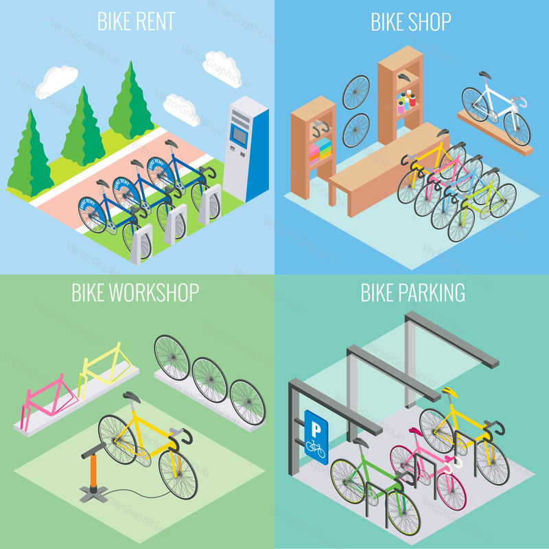 City bike concept vector in isometric style. Illustration in flat 3d design. Bicycle parking, repair shop and bike for rent.
